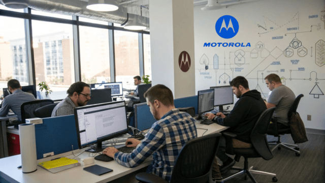 String Management at Motorola article cover with developers sitting and programming at Motorola office